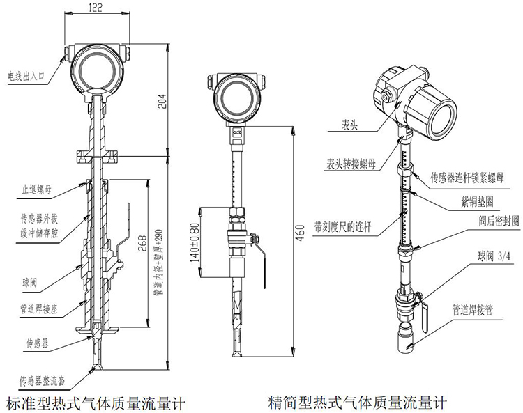 一体式热式质量流量计插入式结构尺寸图