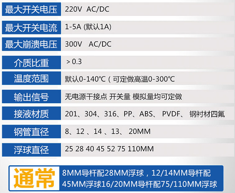 浮球磁翻板液位计技术参数对照表