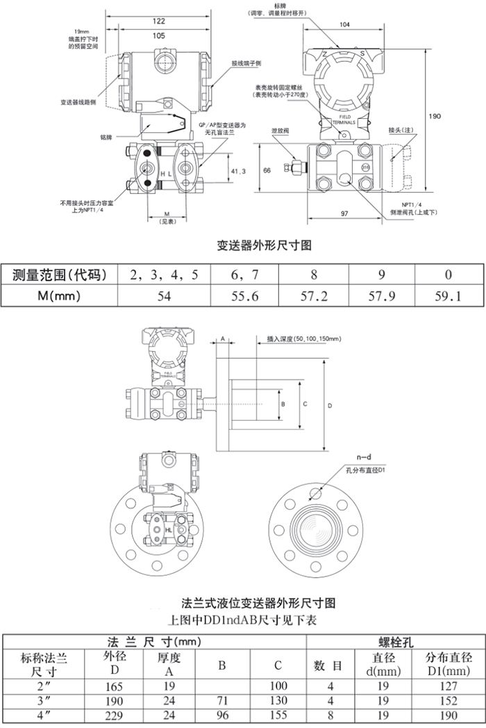 排污口差压液位变送器规格尺寸表